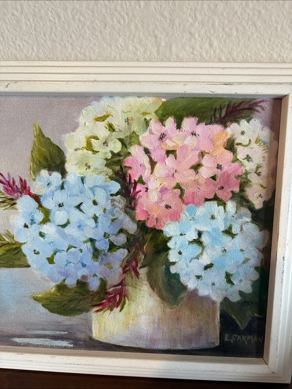 Hand painted Pink and Blue Hydrangea Flowers in pot Framed white trim 11